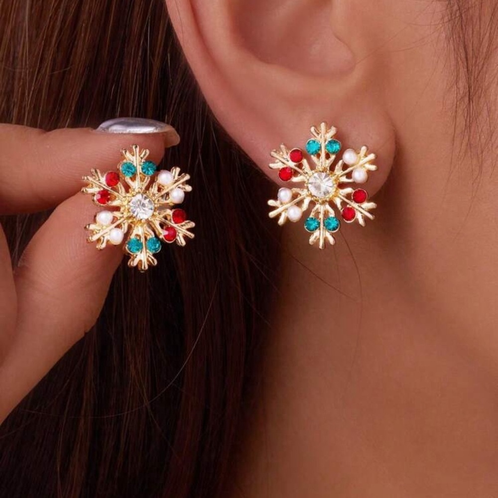 Elegant Gold Snowflake Earrings with Red and Turquoise Accents